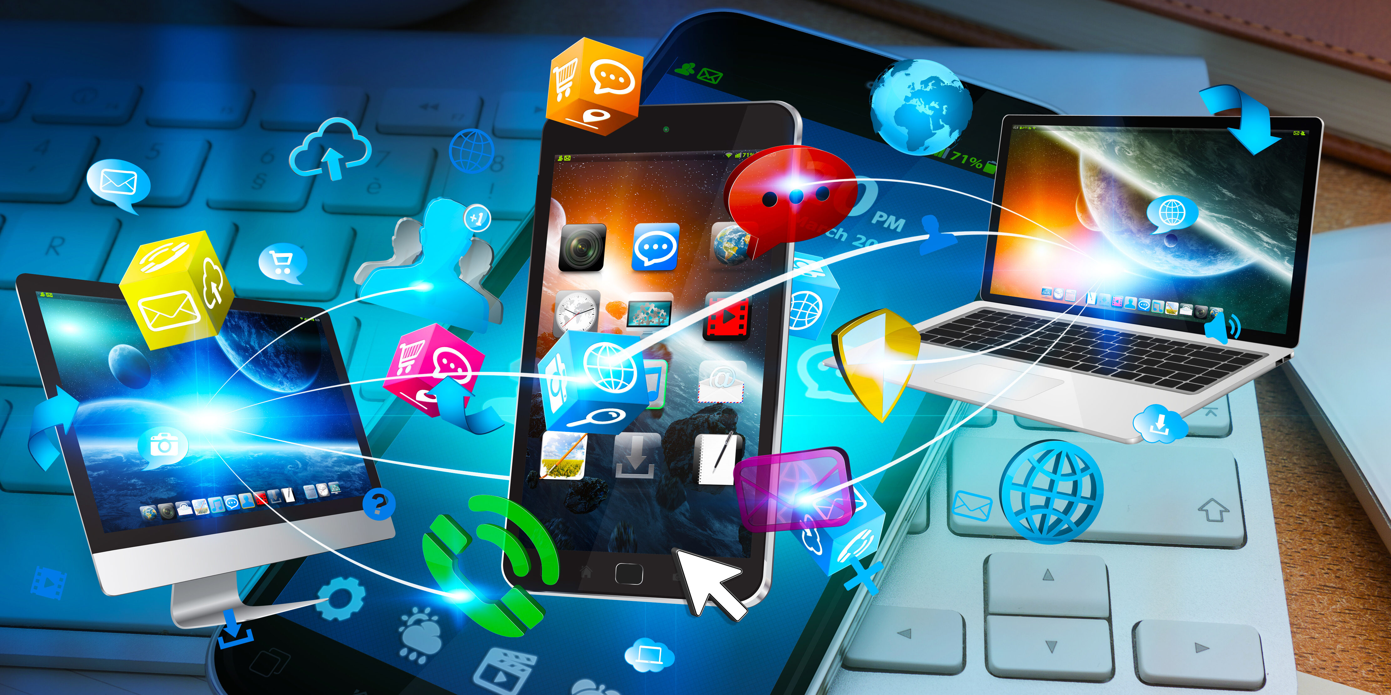 Tech devices connected to each other by mobile phone